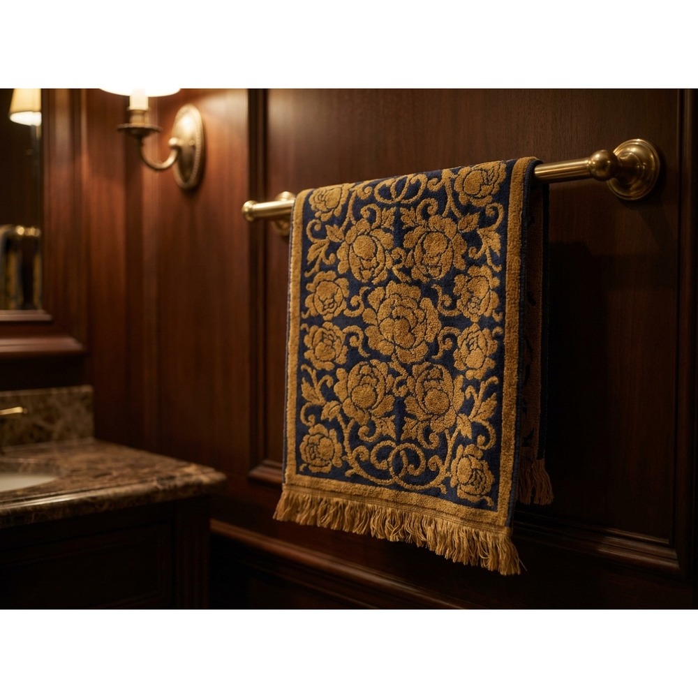 VNT Luxury Floral Jacquard Towel Navy Gold Ornate Rose Fringe Bath Boho cottage‎